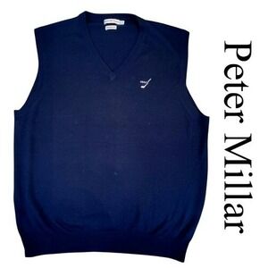 Peter Millar Mens XL Navy Blue Extrafine Merino Wool V-Neck Sweater Vest MC00S32